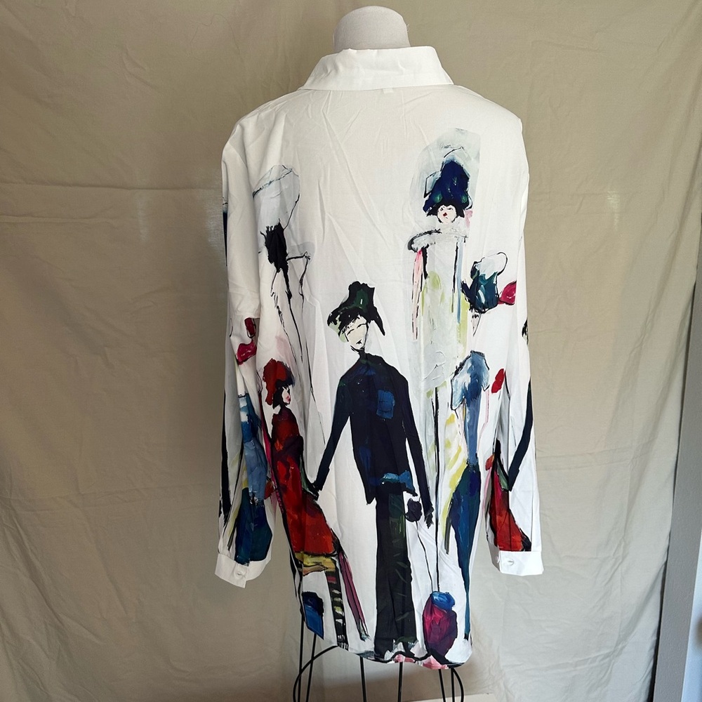 NWOT Artistic Print Button-Up Shirt long sleeve blouse XL Shein multicolor white - Picture 6 of 16
